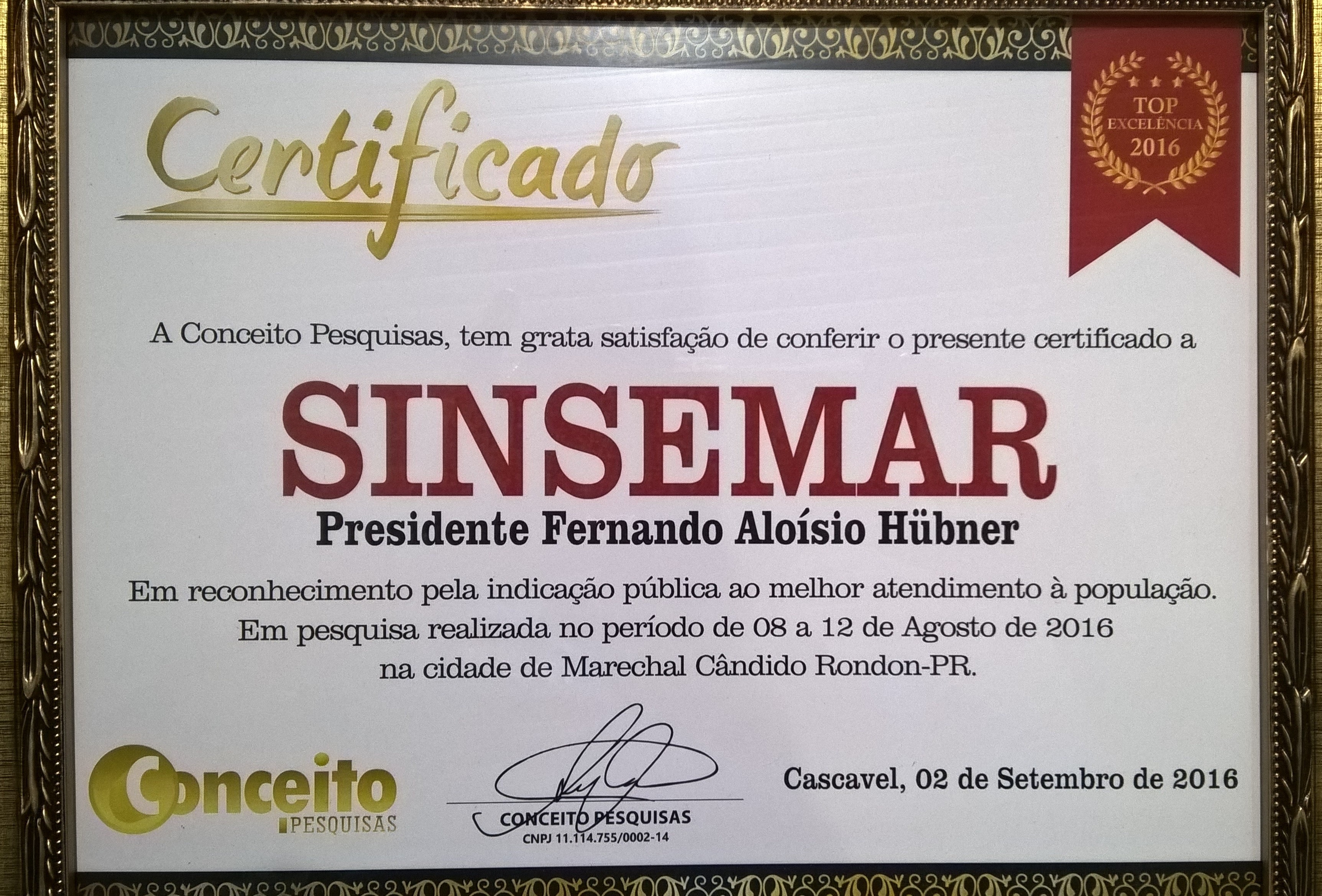 Sinsemar recebe Certificado de Melhor Atendimento à População