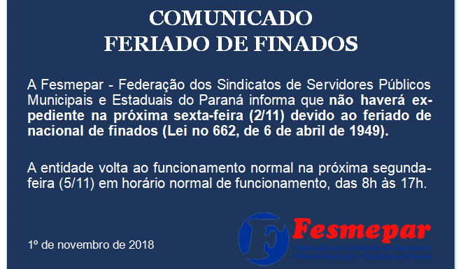 COMUNICADO – FERIADO DE 2 DE NOVEMBRO – FINADOS
